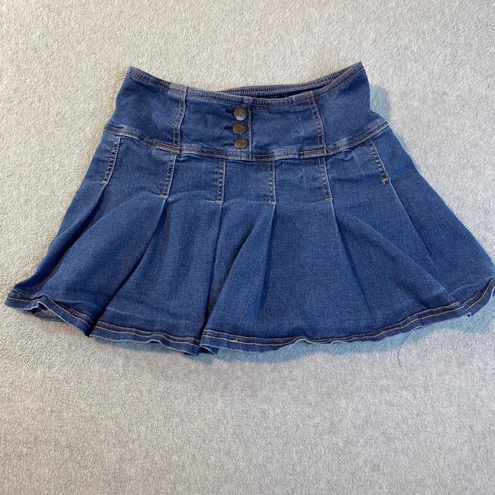 Hippie Girl Denim Pleated Skort Kids Size 14 Blue High Waist Triple Button EUC